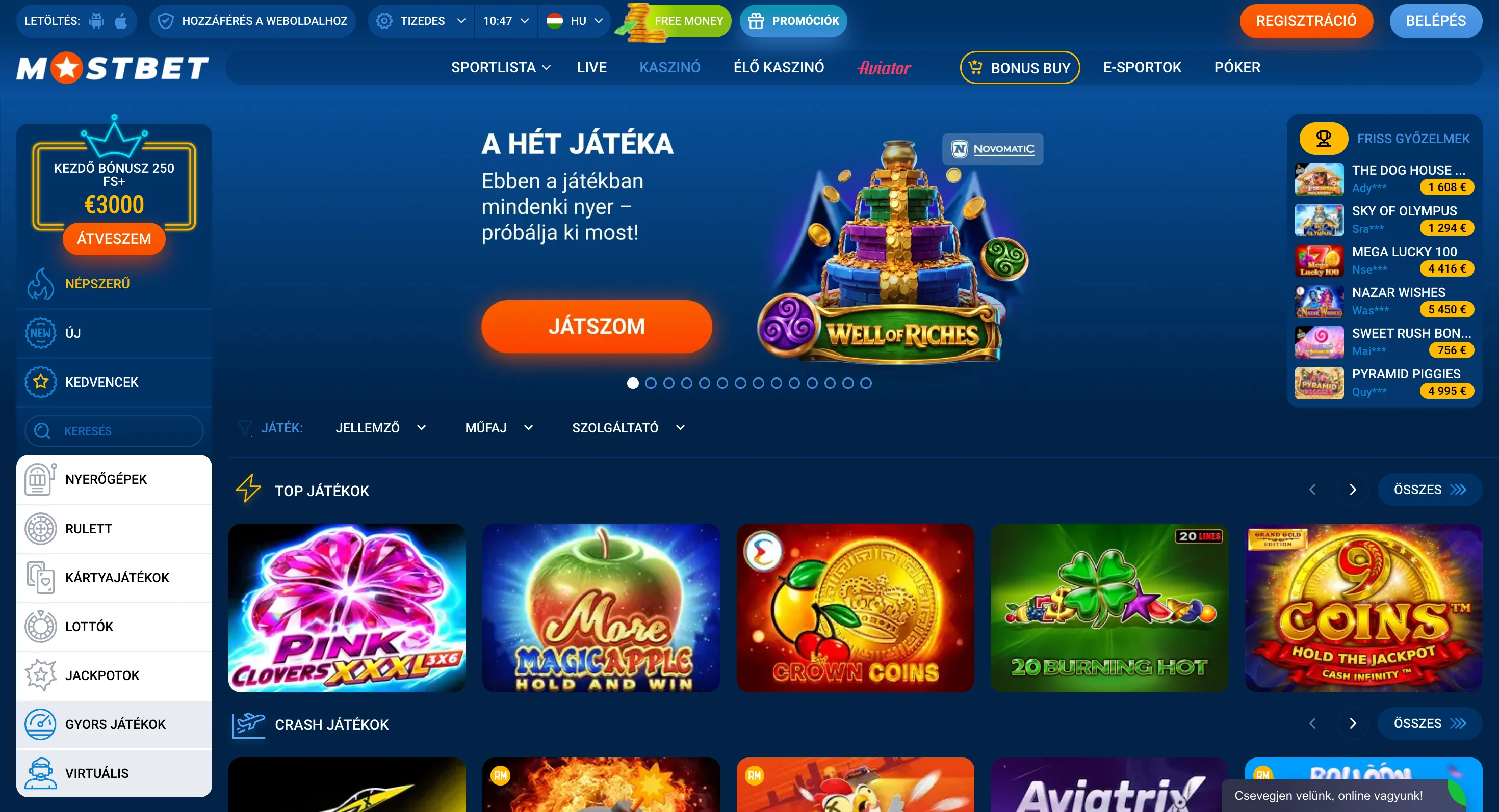 Mostbet magyar felület kaszinó lobbyval és felső menüvel