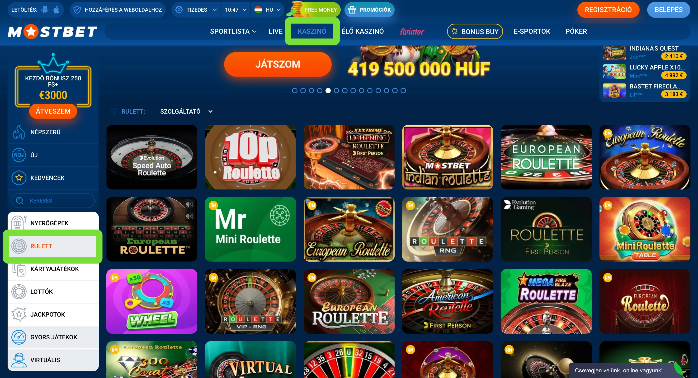 Mostbet kaszinó roulette játékok a lobbyban