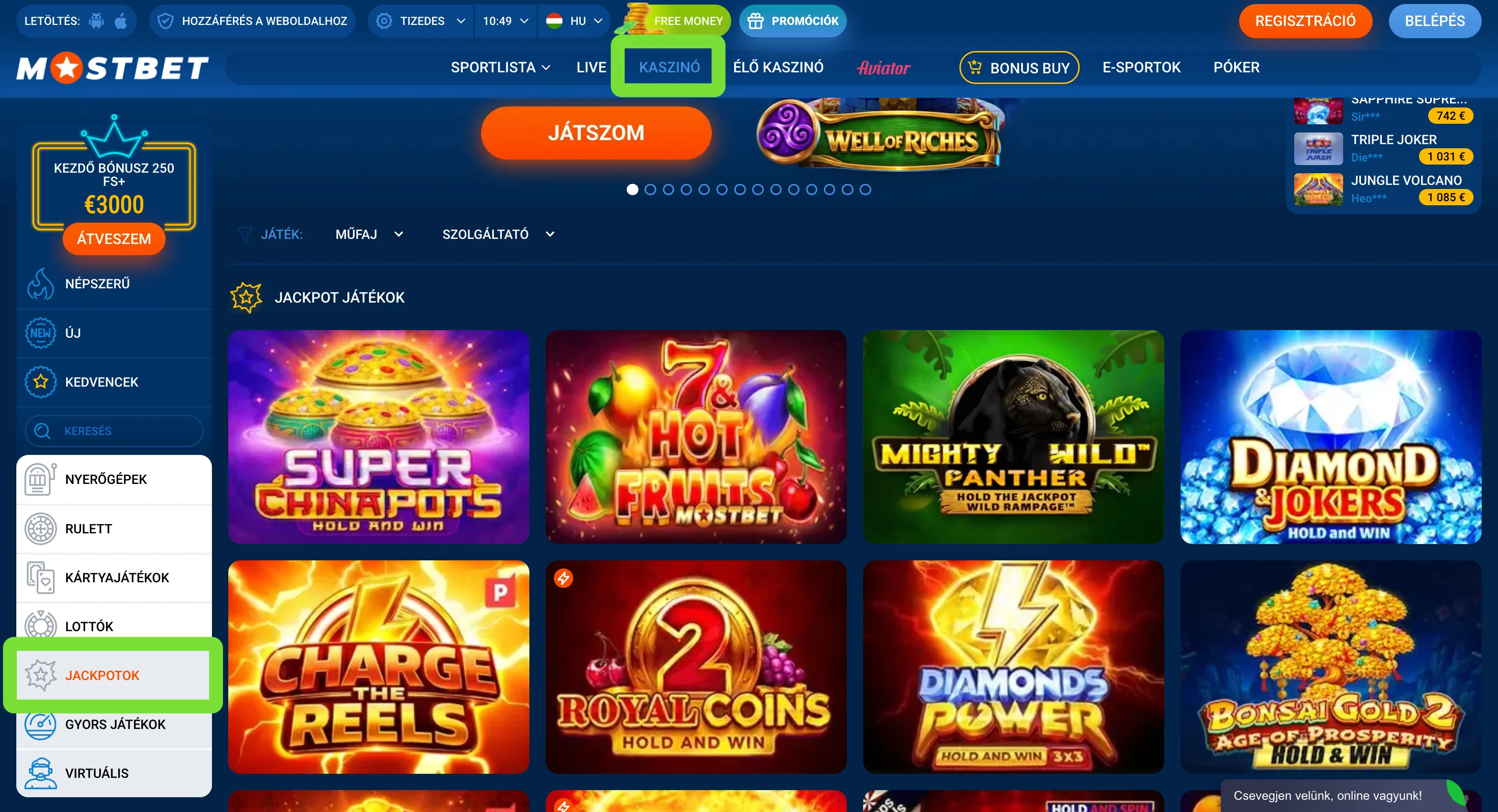 Mostbet kaszinó jackpot játékok listája