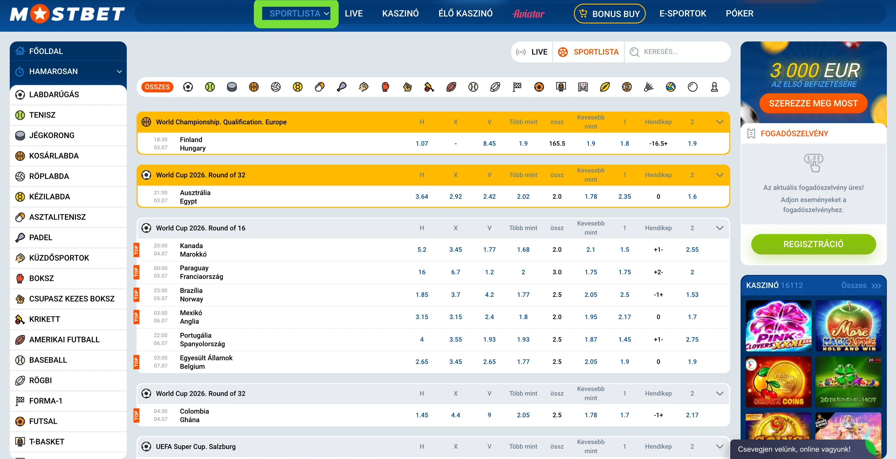 Mostbet sportfogadás prematch piacok listája