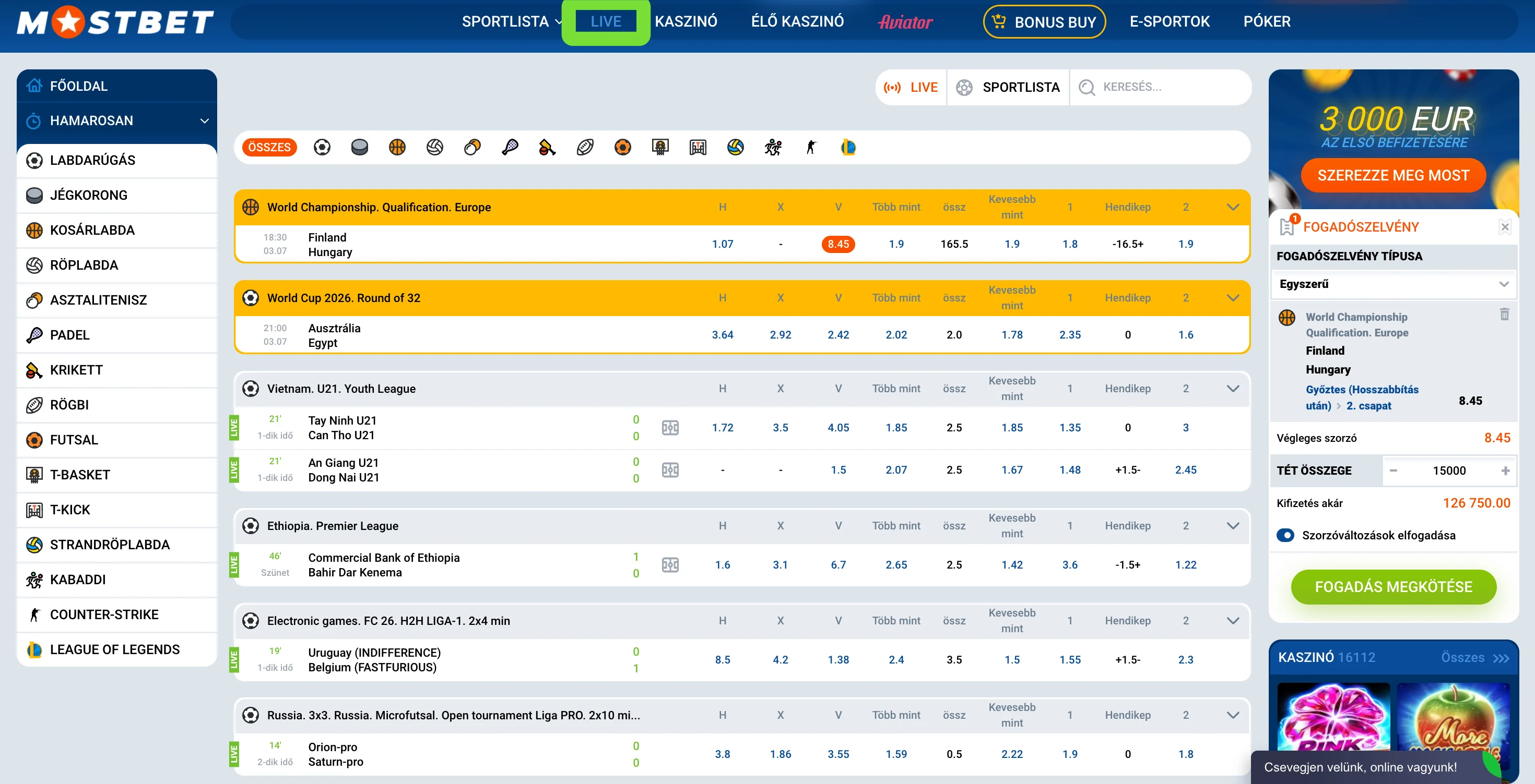 Mostbet live fogadás piacok és fogadószelvény