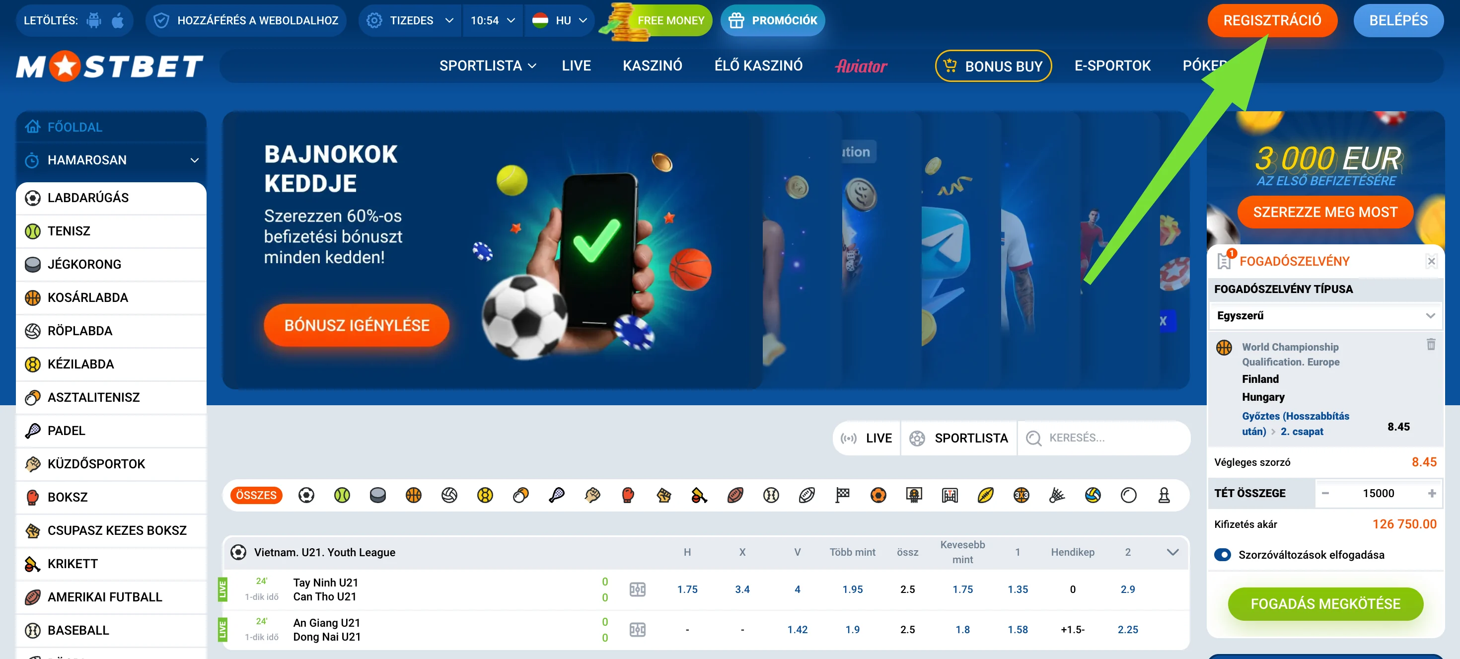 Mostbet fejléc regisztráció gomb magyar felületen
