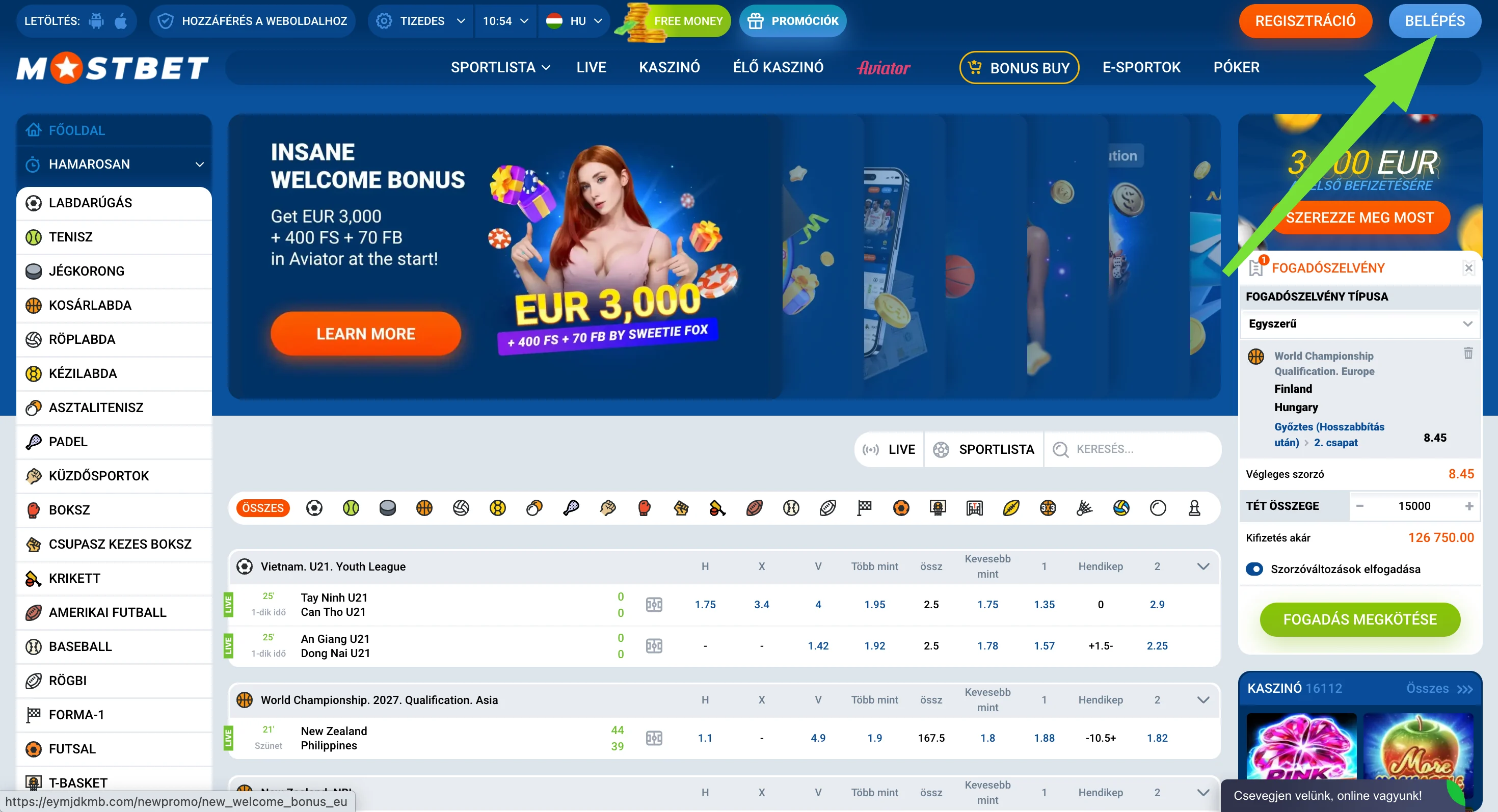 Mostbet belépés gomb a fejlécben magyar felületen