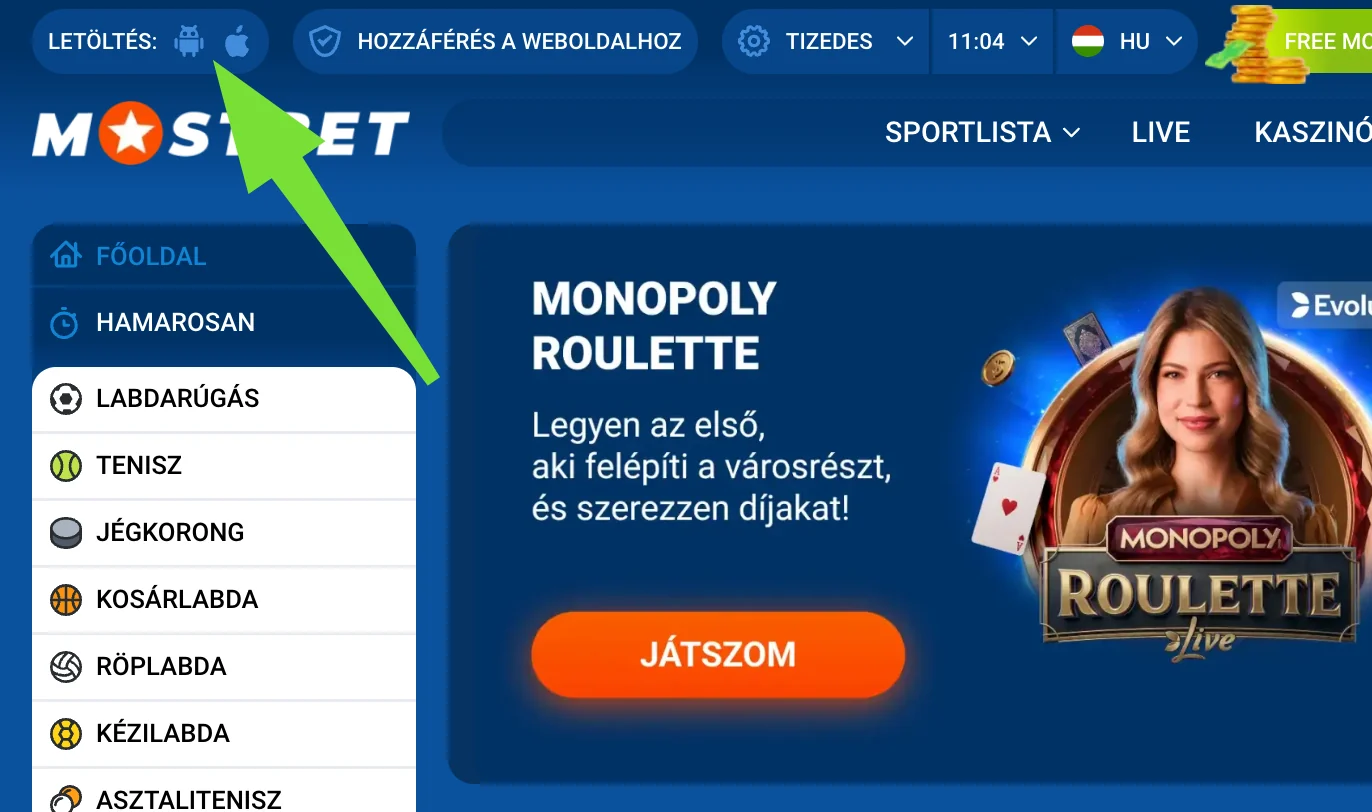 Mostbet letöltés gomb Android és iOS ikonokkal