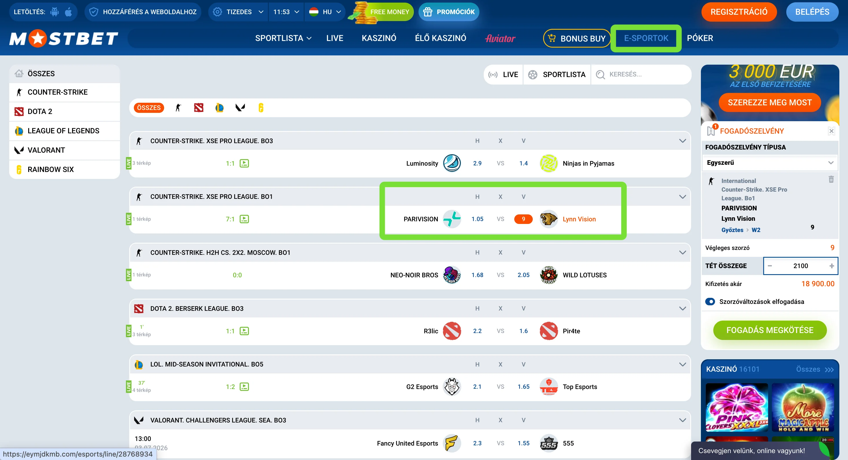 Mostbet sportfogadási piacok és e-sport esemény magyar felületen